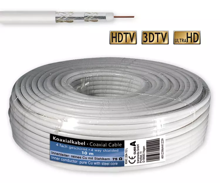 10 m SAT Kabel Koaxialkabel 120 dB Antennenkabel 4-fach geschirmt + 2 F-Stecker