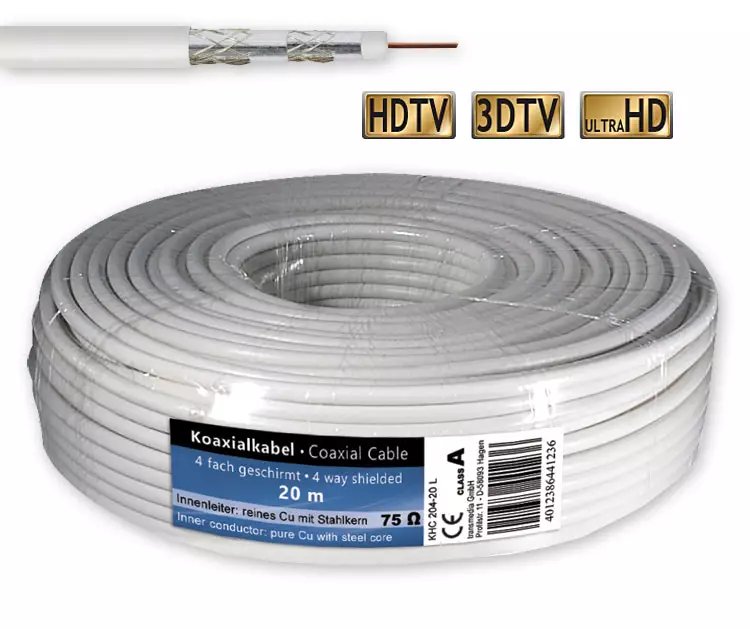 20 m SAT Kabel Koaxialkabel 120 dB Antennenkabel 4-fach geschirmt + 4 F-Stecker