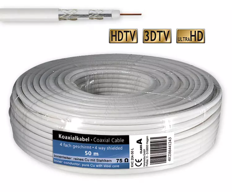 50 m SAT Kabel Koaxialkabel 120 dB Antennenkabel 4-fach geschirmt + 5 F-Stecker