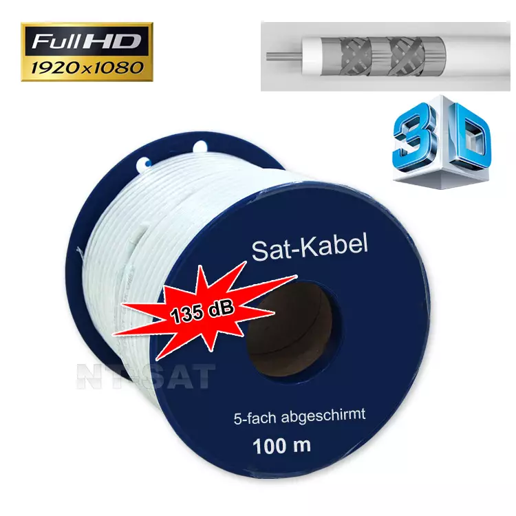 100m 135dB 5 Fach Sat Kabel Stahl Kupfer