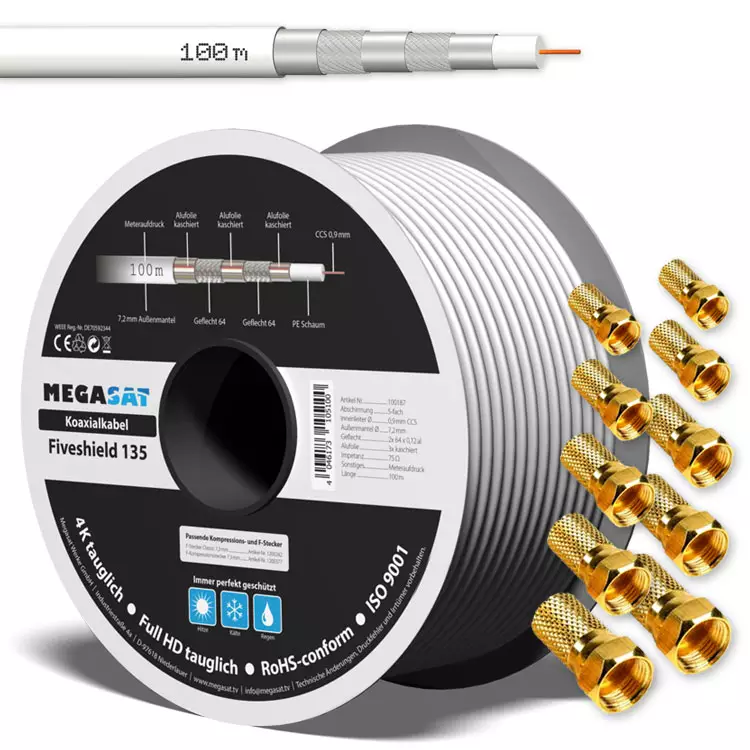 100 m Megasat Koaxialkabel 135 dB Antennenkabel + 10 F-Steker