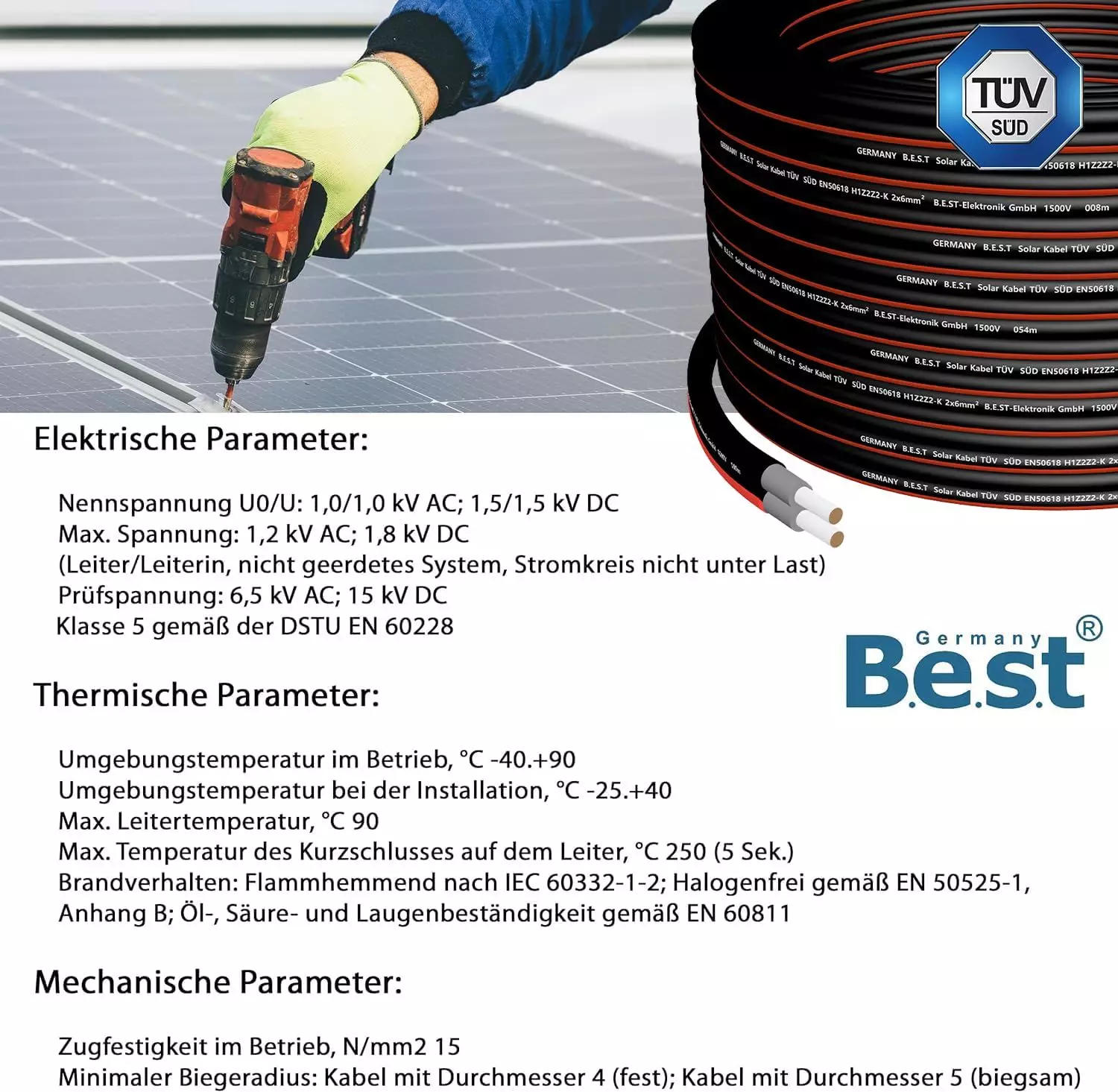50m Germany B.E.S.T Solarkabel Duplex 6mm² TÜV Zertifiziertes Solar Kabel aus Kupfer, Schwarz und Rot